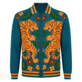Cardigan Vintage en Maille Jacquard Tigre Bleu Sarcelle pour Homme - Création de Carrie Cantwell