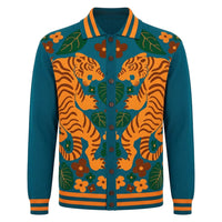 Cardigan Vintage en Maille Jacquard Tigre Bleu Sarcelle pour Homme - Création de Carrie Cantwell