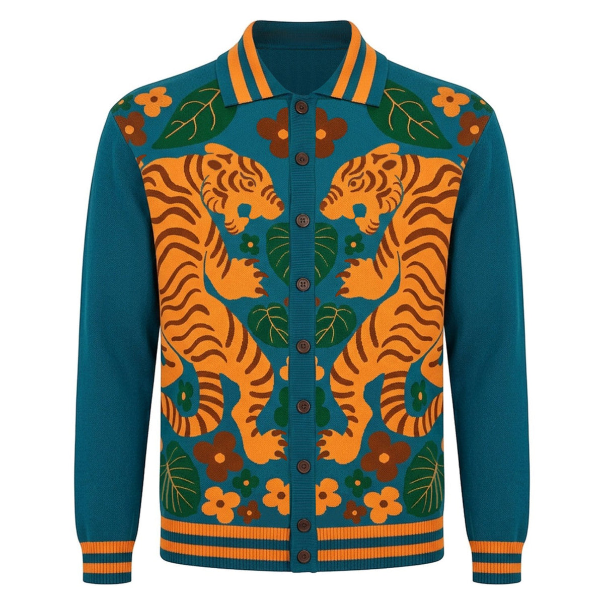 Cardigan Vintage en Maille Jacquard Tigre Bleu Sarcelle pour Homme - Création de Carrie Cantwell