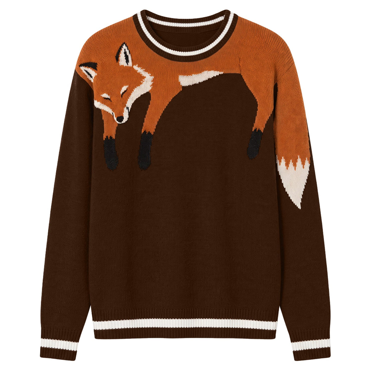 Pull vintage marron en maille jacquard pour homme avec motif de renard