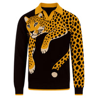 Polo noir en maille jacquard à motif léopard rétro des années 70 pour homme