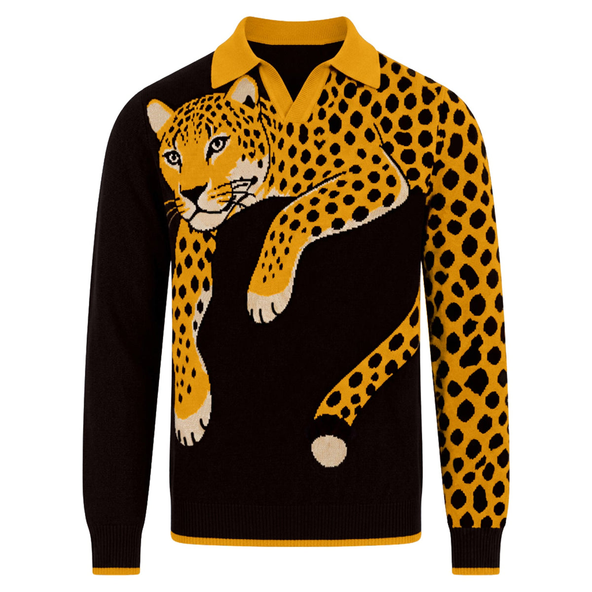 Polo noir en maille jacquard à motif léopard rétro des années 70 pour homme