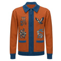 Cardigan vintage orange en maille polo pour homme avec broderie animale amusante