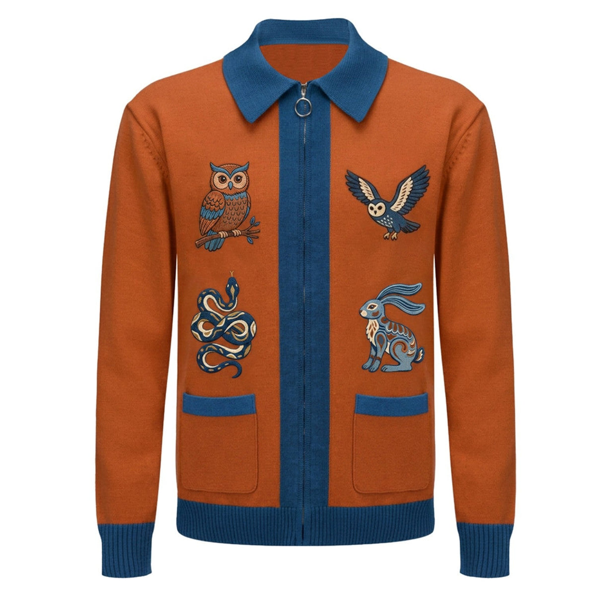 Cardigan vintage orange en maille polo pour homme avec broderie animale amusante