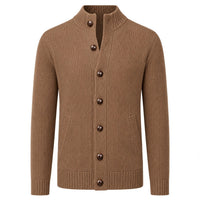 Cardigan vintage marron des années 70 pour homme, col montant et poches