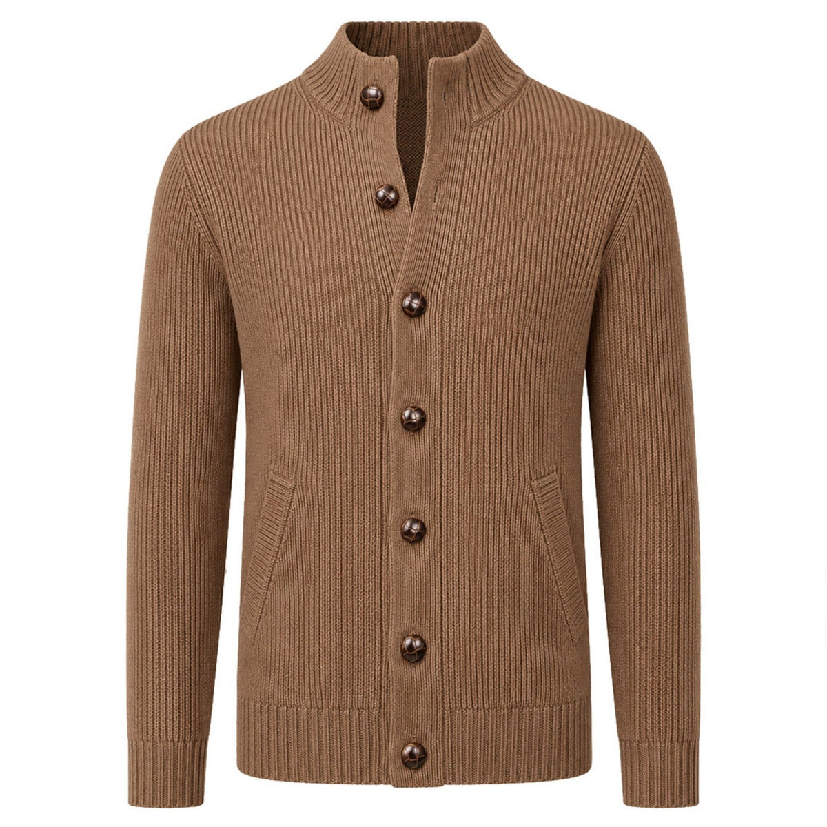 Cardigan vintage marron des années 70 pour homme, col montant et poches