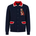Cardigan Vintage en Maille Polo Bleu Marine pour Homme avec Broderie Animale de Style Collège
