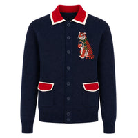 Cardigan Vintage en Maille Polo Bleu Marine pour Homme avec Broderie Animale de Style Collège
