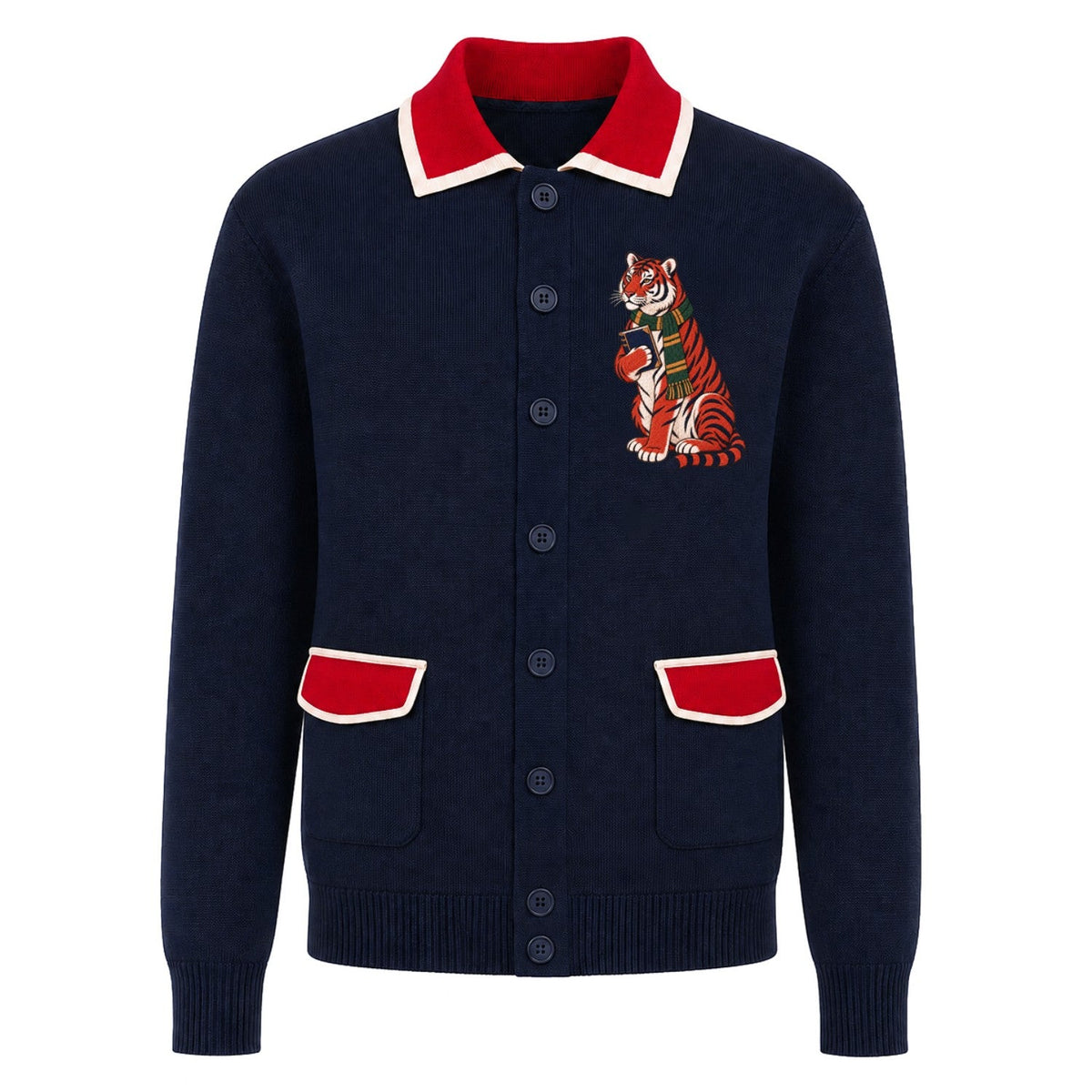 Cardigan Vintage en Maille Polo Bleu Marine pour Homme avec Broderie Animale de Style Collège