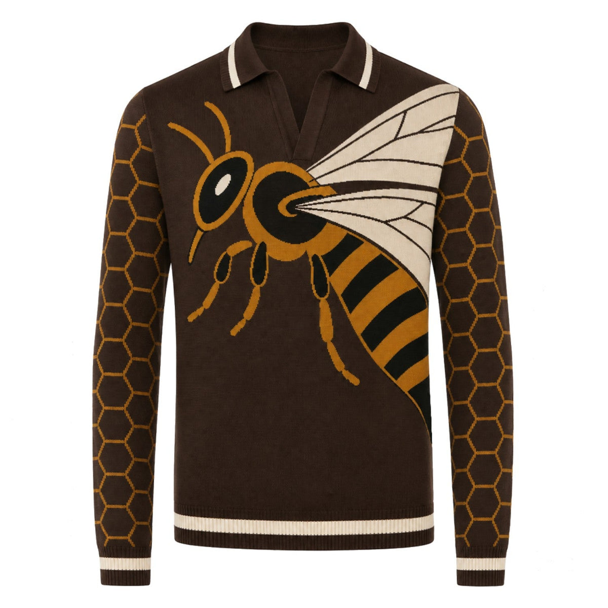 Vintage Brown Artistic Bee Knit Polo for Men