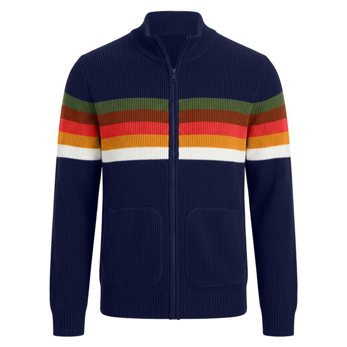 Pull vintage sportif pour homme en maille bleu marine, col montant et poches zippées