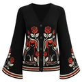 Cardigan en tricot à manches cloche noir romantique avec chat noir et rose rouge pour femmes