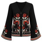 Cardigan en tricot à manches cloche noir romantique avec chat noir et rose rouge pour femmes