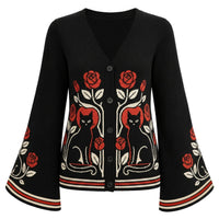 Cardigan en tricot à manches cloche noir romantique avec chat noir et rose rouge pour femmes