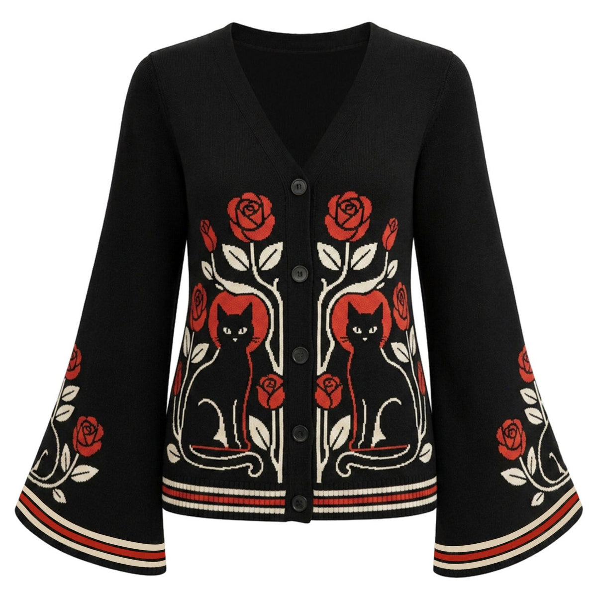 Cardigan en tricot à manches cloche noir romantique avec chat noir et rose rouge pour femmes