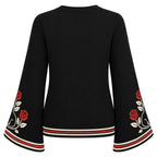 Cardigan en tricot à manches cloche noir romantique avec chat noir et rose rouge pour femmes