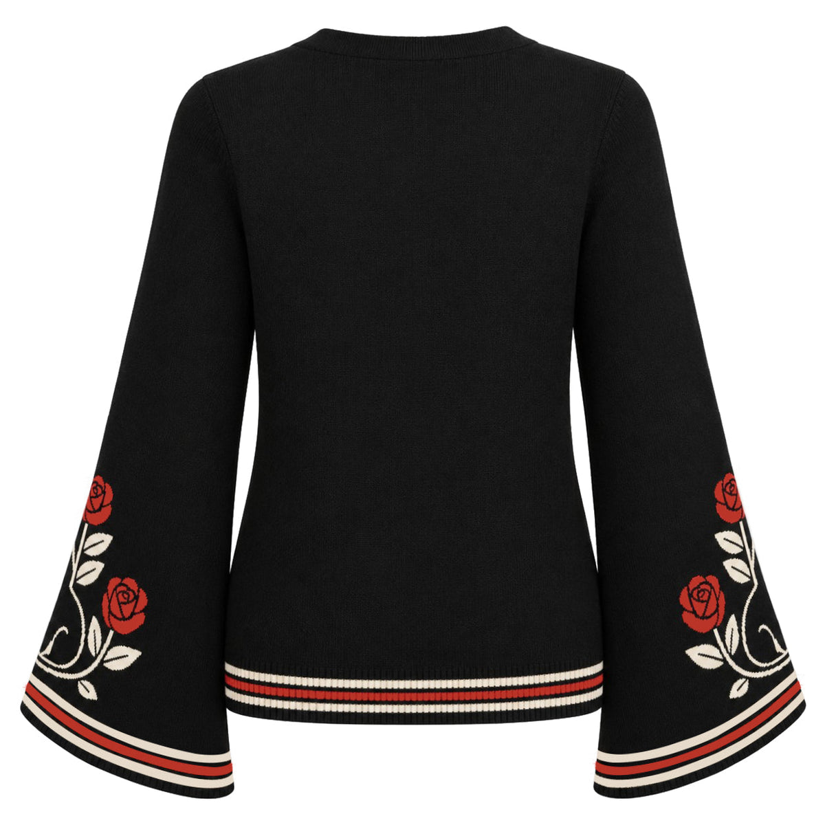 Cardigan en tricot à manches cloche noir romantique avec chat noir et rose rouge pour femmes