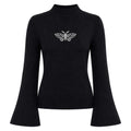 Pull en maille noir à col roulé pour femmes avec broderie de papillon et manches évasées
