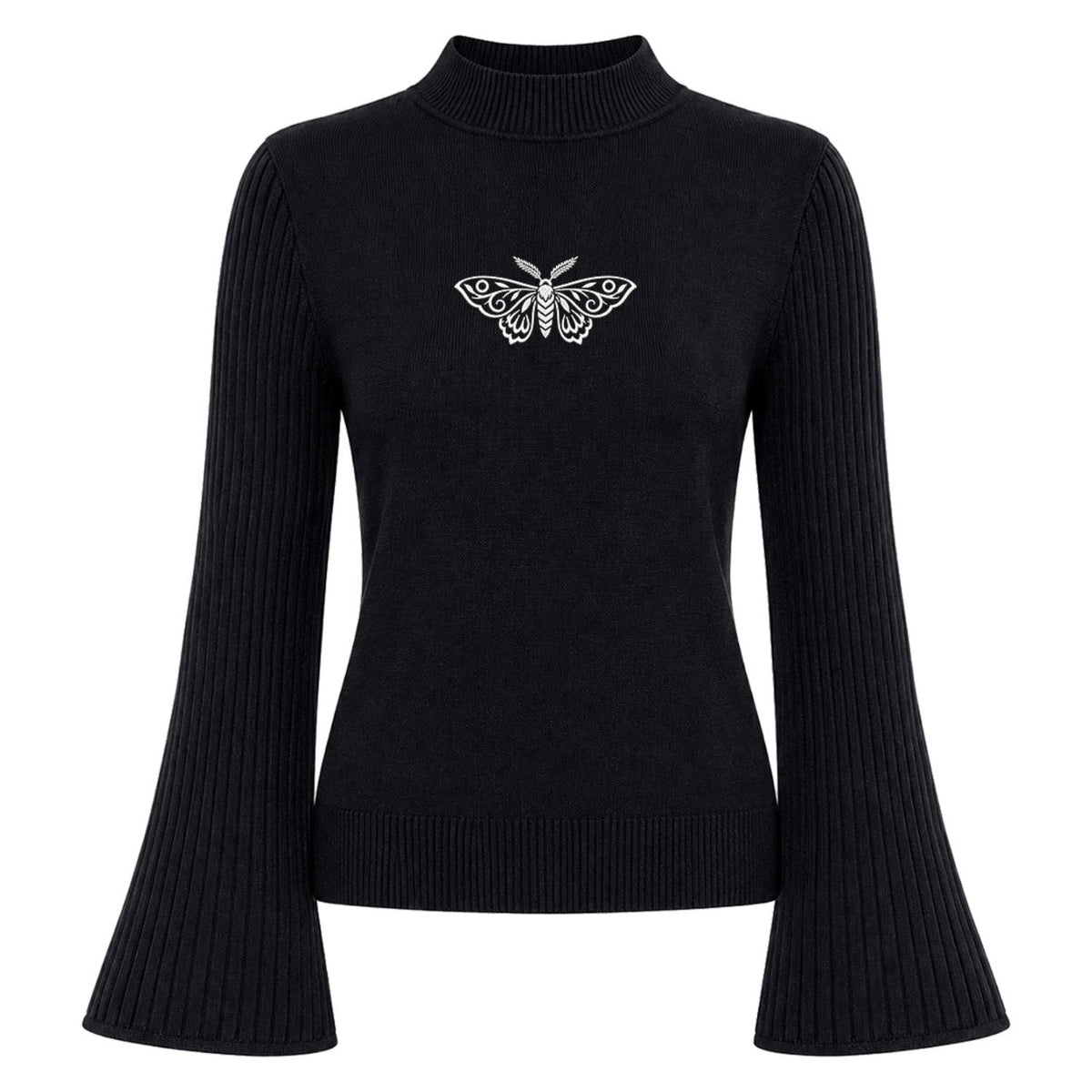 Pull en maille noir à col roulé pour femmes avec broderie de papillon et manches évasées