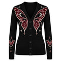Cardigan en Tricot V-Neck Jacquard Papillon Vintage Noir pour Femmes