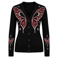 Cardigan en Tricot V-Neck Jacquard Papillon Vintage Noir pour Femmes