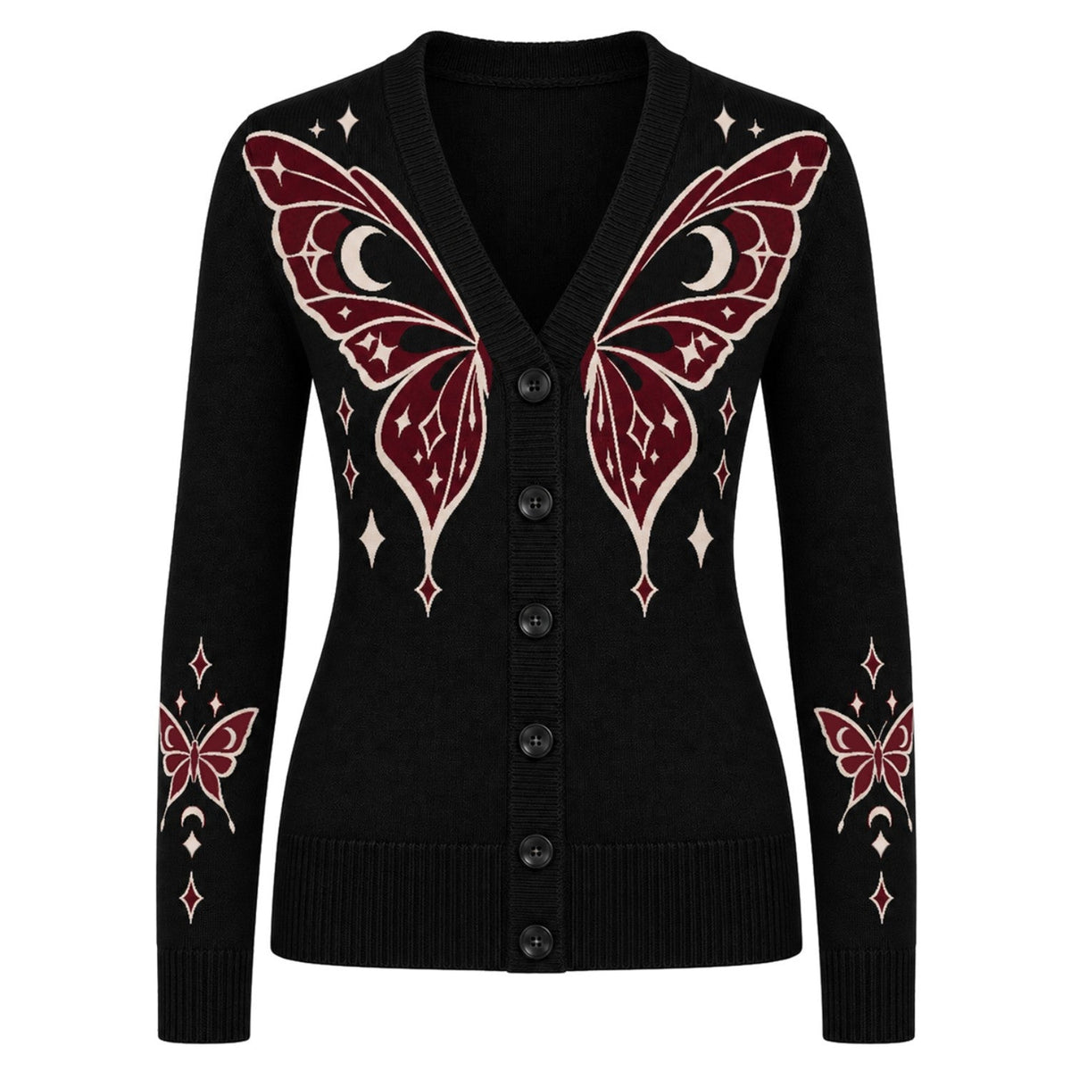 Cardigan en Tricot V-Neck Jacquard Papillon Vintage Noir pour Femmes