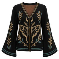 Cardigan en Tricot V-Neck Jacquard de Moth Mystique Gothique Sombre pour Femmes