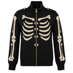 Cardigan tricoté à col roulé zippé pour homme en noir avec motif crâne punk
