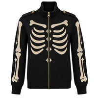 Cardigan tricoté à col roulé zippé pour homme en noir avec motif crâne punk