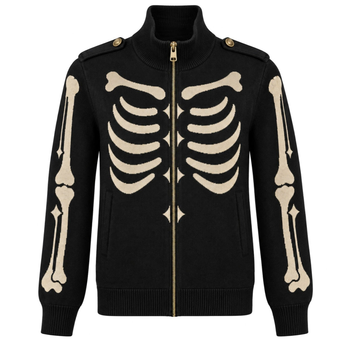 Cardigan tricoté à col roulé zippé pour homme en noir avec motif crâne punk