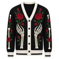 Cardigan en Jacquard Tricot Noir Gothique Squelette & Rose pour Hommes