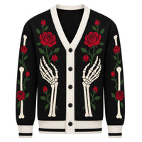 Cardigan en Jacquard Tricot Noir Gothique Squelette & Rose pour Hommes