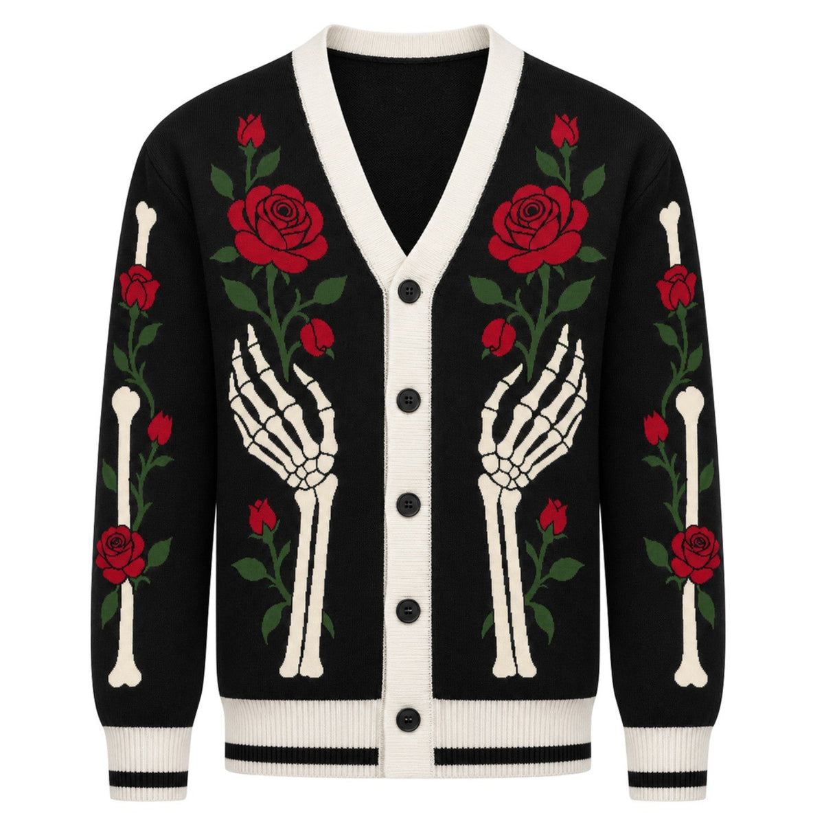 Cardigan en Jacquard Tricot Noir Gothique Squelette & Rose pour Hommes