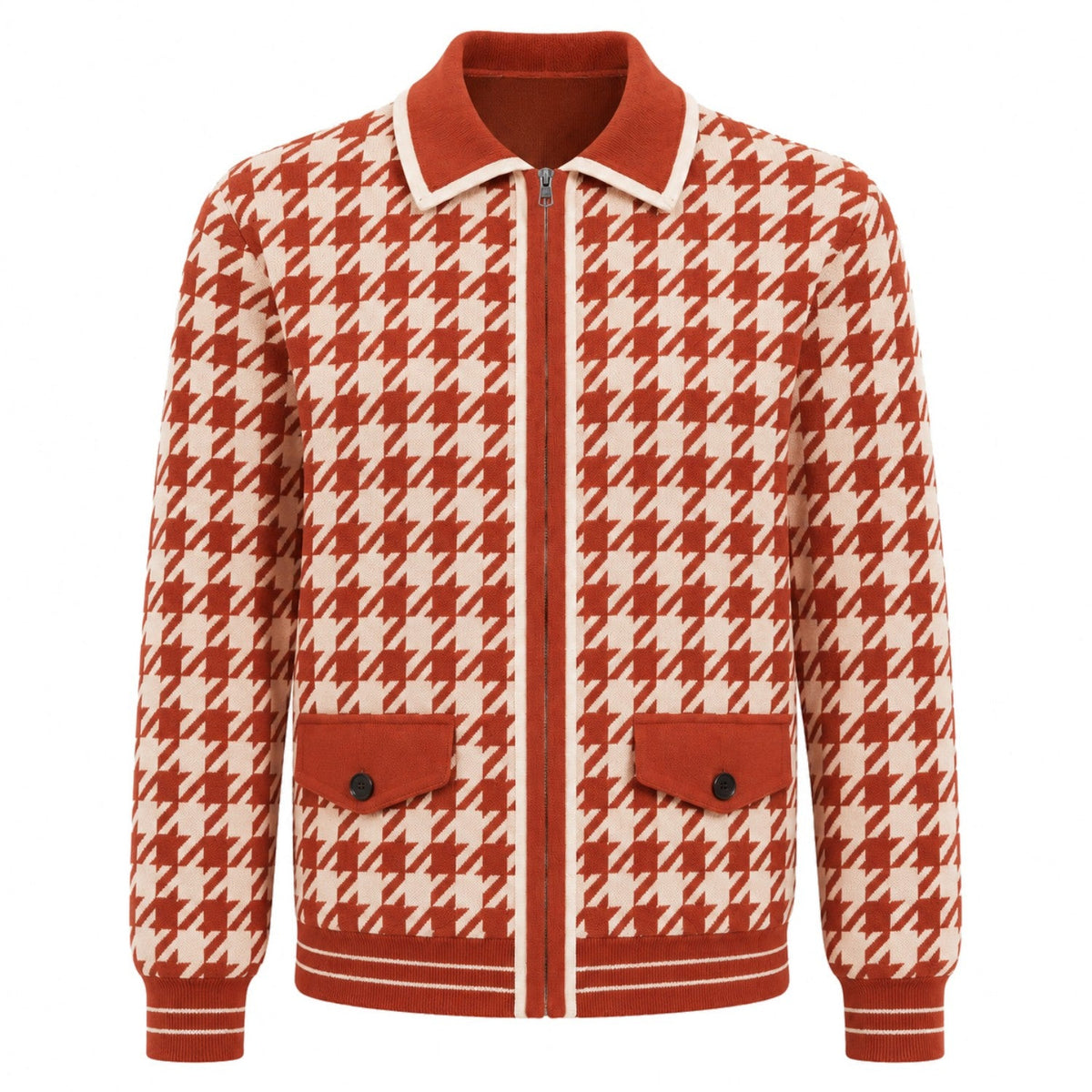 Cardigan en jacquard à motif pied-de-poule orange vintage pour homme
