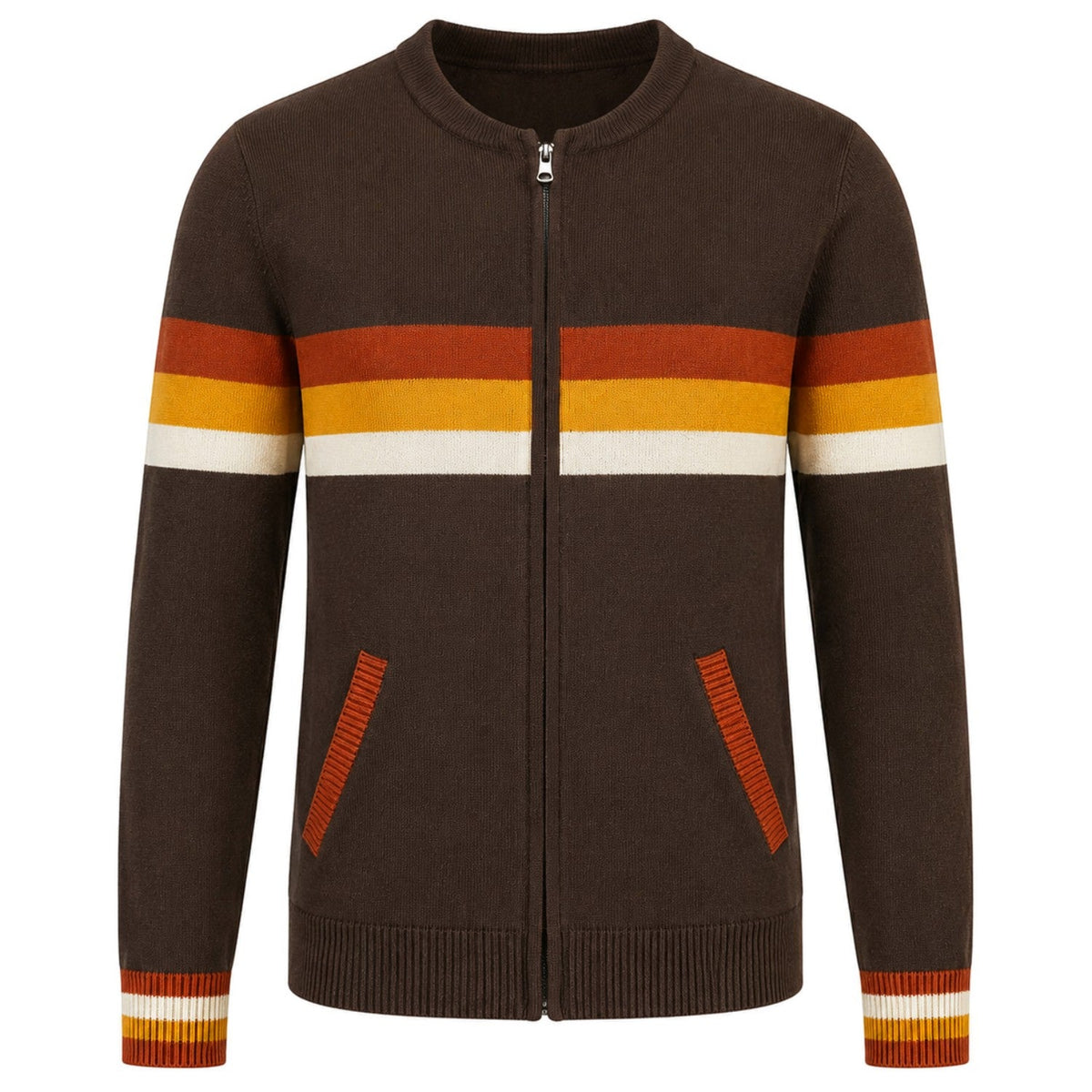 Cardigan vintage marron à rayures jacquard pour homme