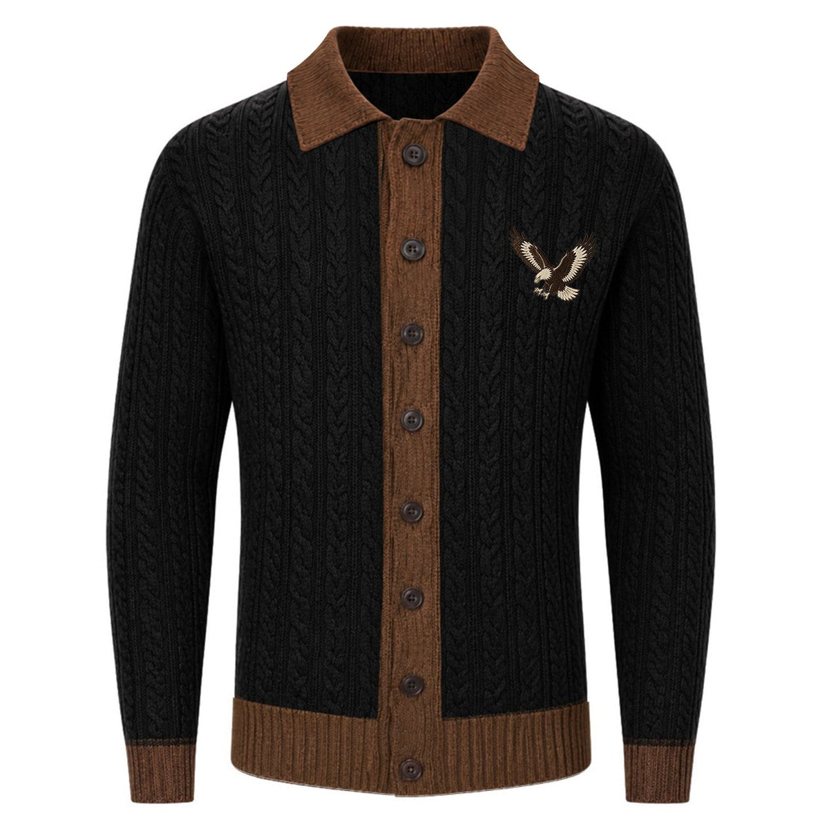 Cardigan Vintage Noir pour Homme avec Broderie d'Aigle Classique