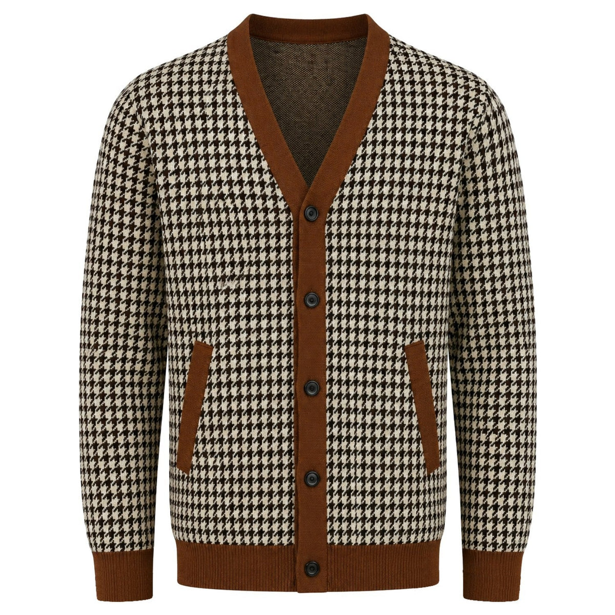 Cardigan rétro en maille jacquard à motif pied-de-poule noir pour homme