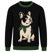 Pull rétro noir en jacquard des années 70 pour homme avec motif de bouledogue français