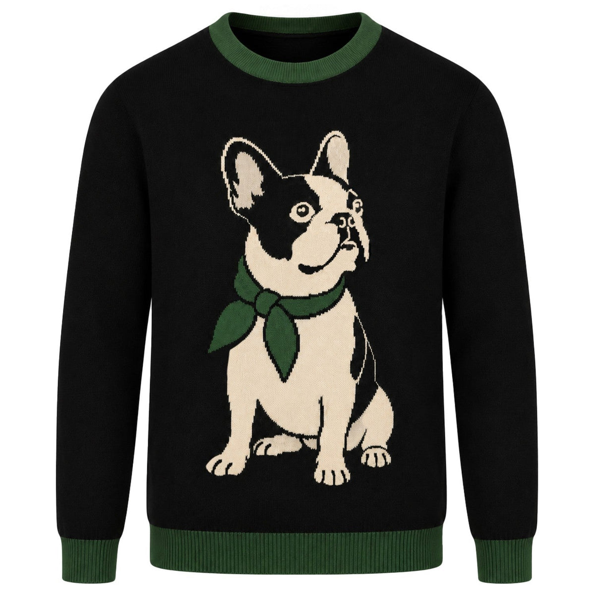 Pull rétro noir en jacquard des années 70 pour homme avec motif de bouledogue français