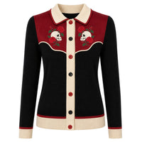 Cardigan en tricot noir vintage avec broderie de skull pour femmes