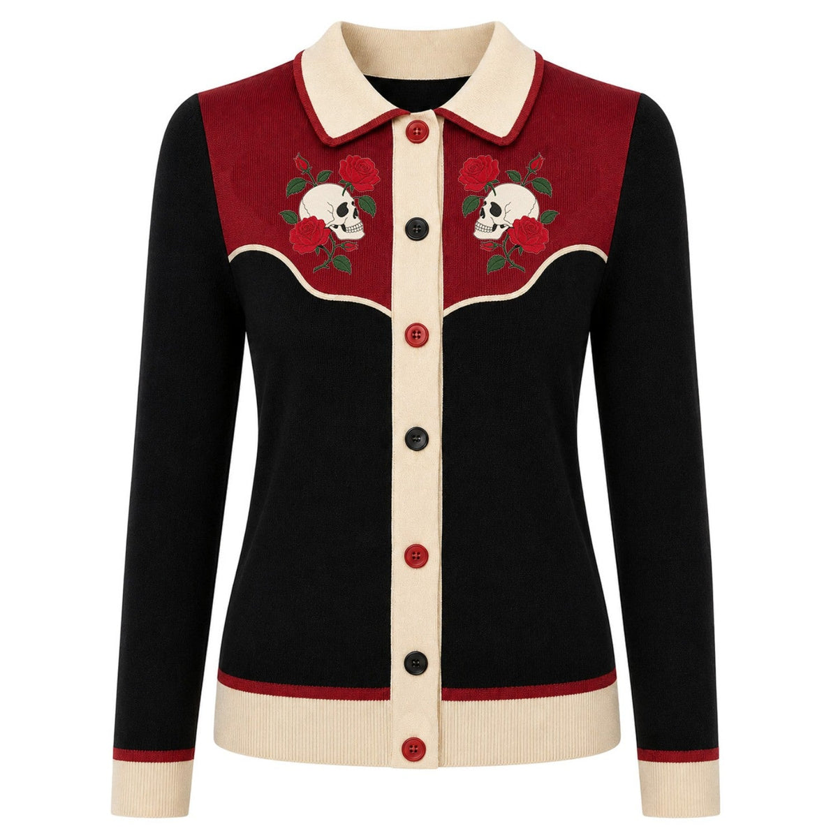Cardigan en tricot noir vintage avec broderie de skull pour femmes