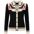 Cardigan Tricot Vintage Noir Femme avec Broderie de Fleur en Chauve-Souris