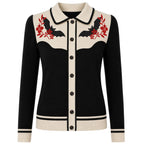Cardigan Tricot Vintage Noir Femme avec Broderie de Fleur en Chauve-Souris