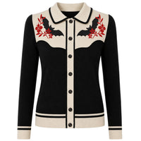 Cardigan Tricot Vintage Noir Femme avec Broderie de Fleur en Chauve-Souris
