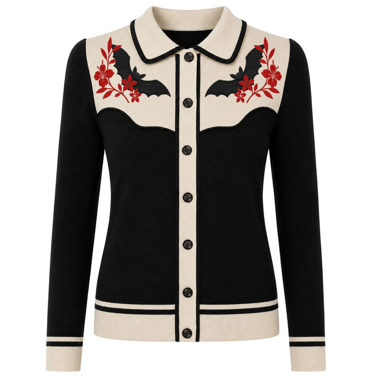 Cardigan Tricot Vintage Noir Femme avec Broderie de Fleur en Chauve-Souris