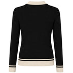 Cardigan Tricot Vintage Noir Femme avec Broderie de Fleur en Chauve-Souris