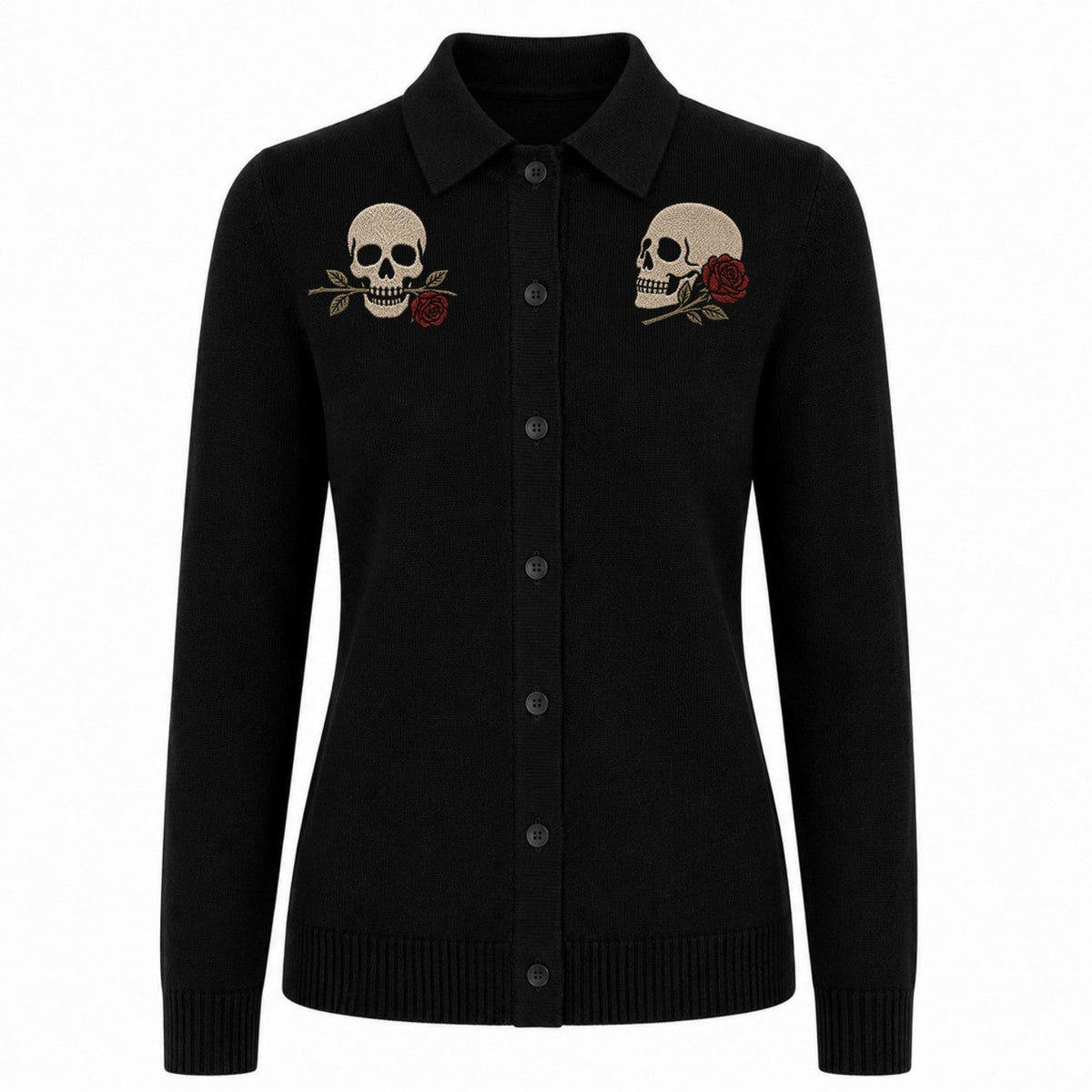 Cardigan en tricot noir gothique vintage avec broderie de crâne pour femmes