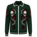 Cardigan en jacquard tricoté pour hommes, design crâne rétro des années 60 en vert