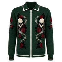 Cardigan en jacquard tricoté pour hommes, design crâne rétro des années 60 en vert