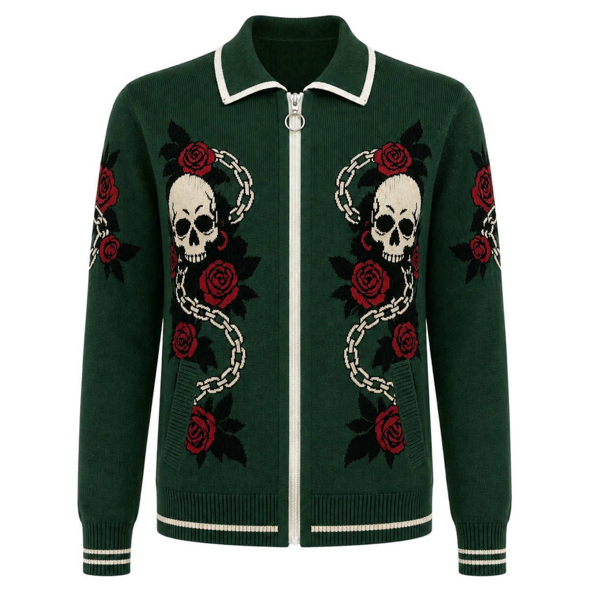 Cardigan en jacquard tricoté pour hommes, design crâne rétro des années 60 en vert